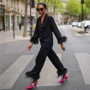 Black Tie feather-trimmed crepe de chine pajama set by SLEEPER